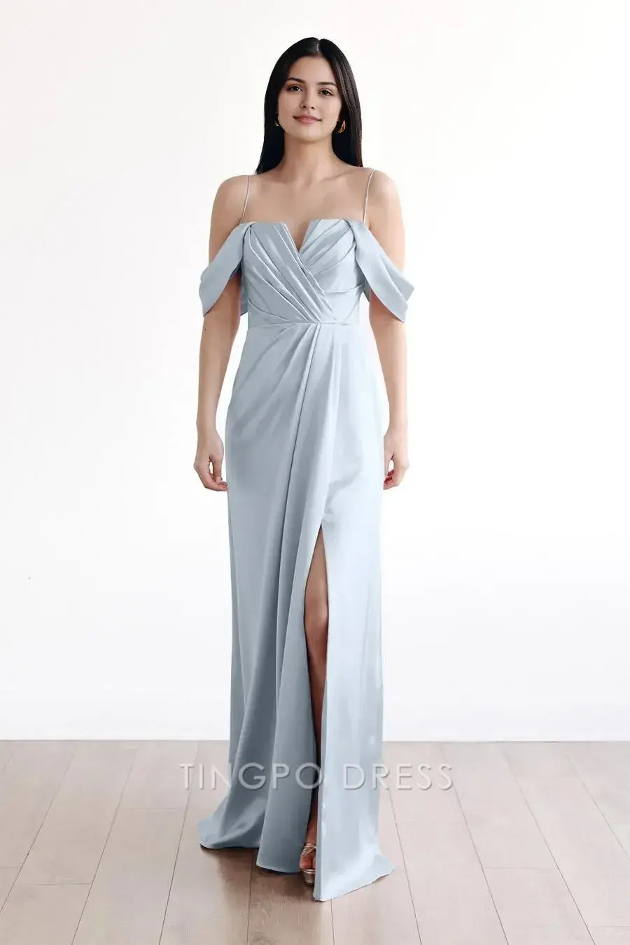 TingPo Wholesale Elegant Thin Strap Solid High Slit Dress - Ruched Pleated Design Versatile Casual Dress